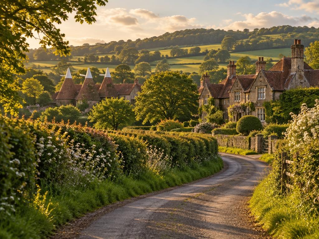 A Kent country lane leading past oast houses and a stone manor